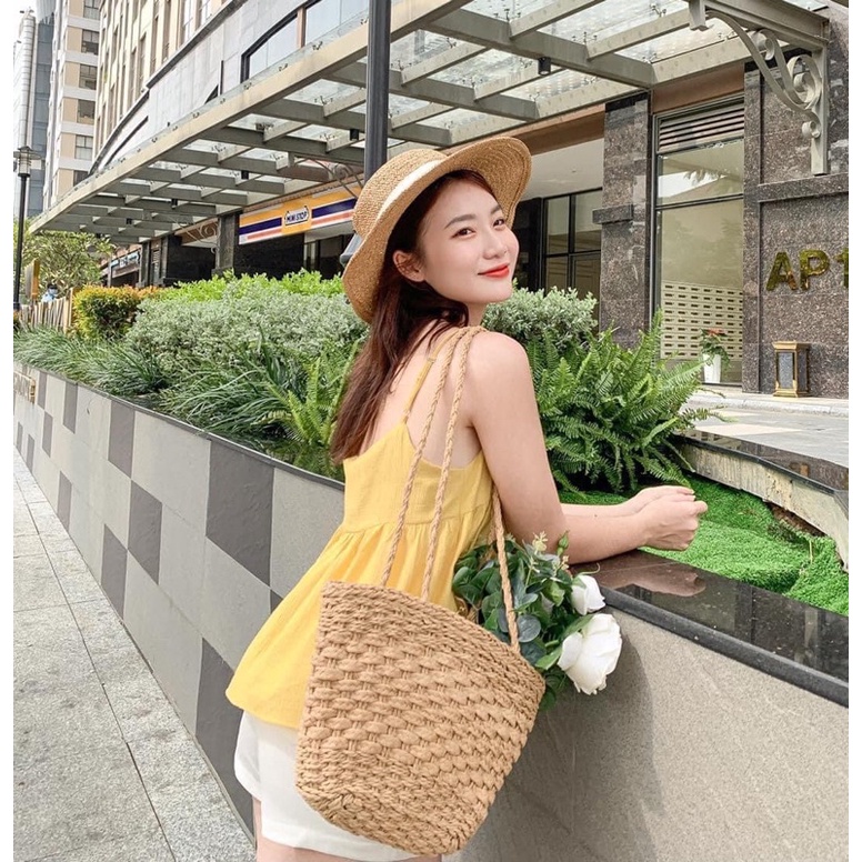 Túi Cói Đi Biển Đeo Vai Vintage Phong Cách Hàn Quốc Siêu Xinh