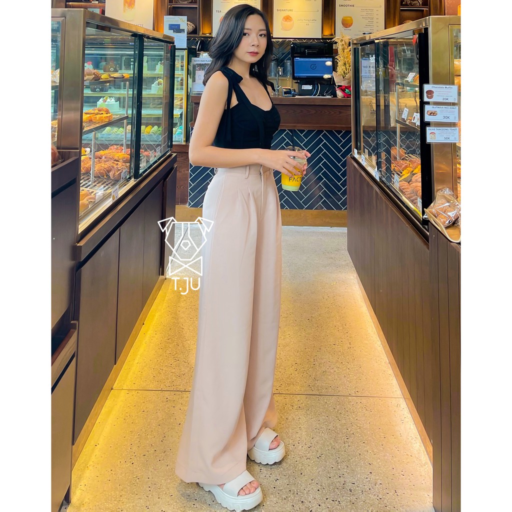 Quần tây nữ ống suông rộng thiết kế T-Ju, lưng cao, chất liệu gân chun cotton cao cấp, thanh lịch, công sở (quần daily)