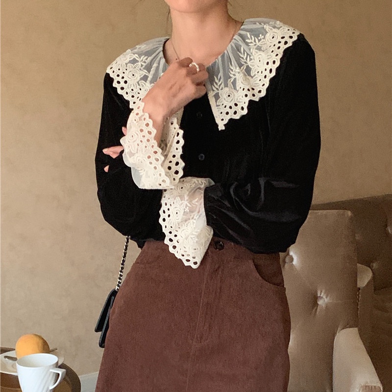 SUXI Áo Sơ Mi Nhung Tay Dài Ống Loe Phối Ren Phong Cách Hàn Quốc Cổ Điển Dành Cho Nữ
