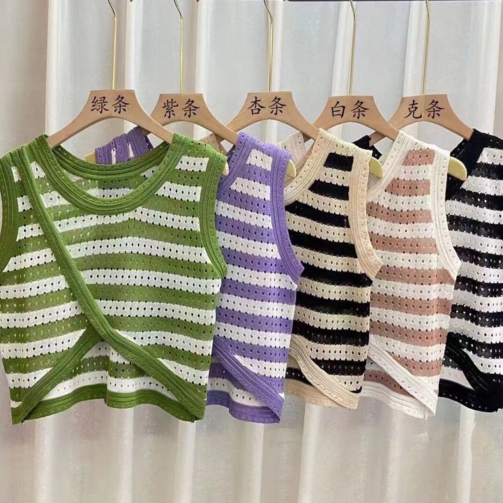Áo dệt kim NZN không tay họa tiết kẻ sọc phong cách Hàn Quốc thời trang