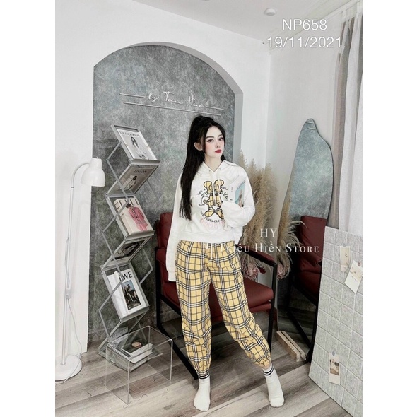 sét bộ thể thao quần caro kate phối áo thun nón cute