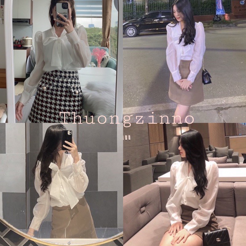 [Ảnh thật/Video] Áo sơ mi Lazy thiết kế tay bồng cổ nơ khuy ngọc tiểu thư Áo trắng công sở nhẹ nhàng