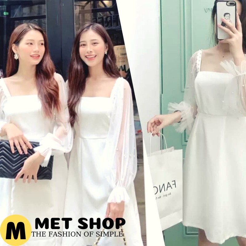 Váy trắng cổ vuông đính ngọc👗Đầm nữ👗váy nữ dáng ngắn tiểu thư dự tiệc,đi biển thời trang ULzzang