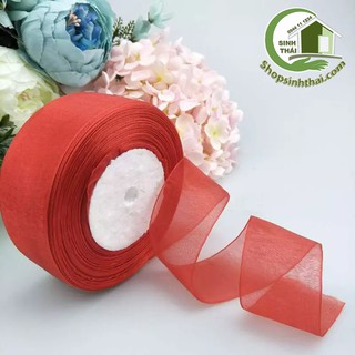 Ruy băng vải voan lưới nhũ viền, màu đỏ [ set 5 mét x bản rộng 4cm ]