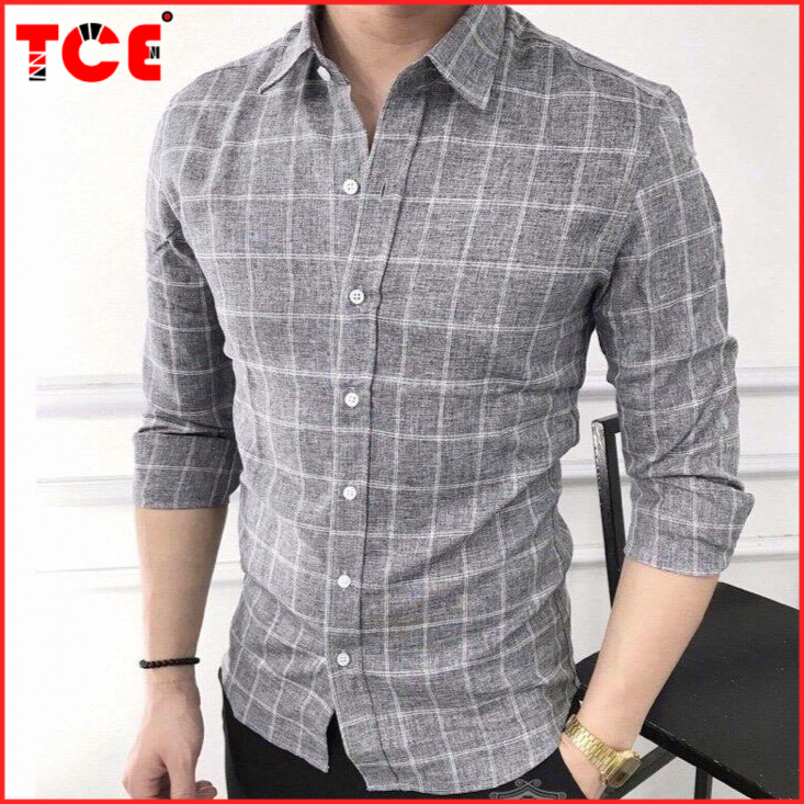 áo Sơ Mi Xám Kẻ Ca Rô Cao Cấp Phom Chuẩn Vải Mềm Mặc Mát Không Xù Không Nhăn