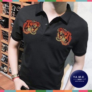 Áo thun nam ngắn tay cổ bẻ phối hình hổ 2 màu trắng đen chất cotton cao cấp thoáng mát