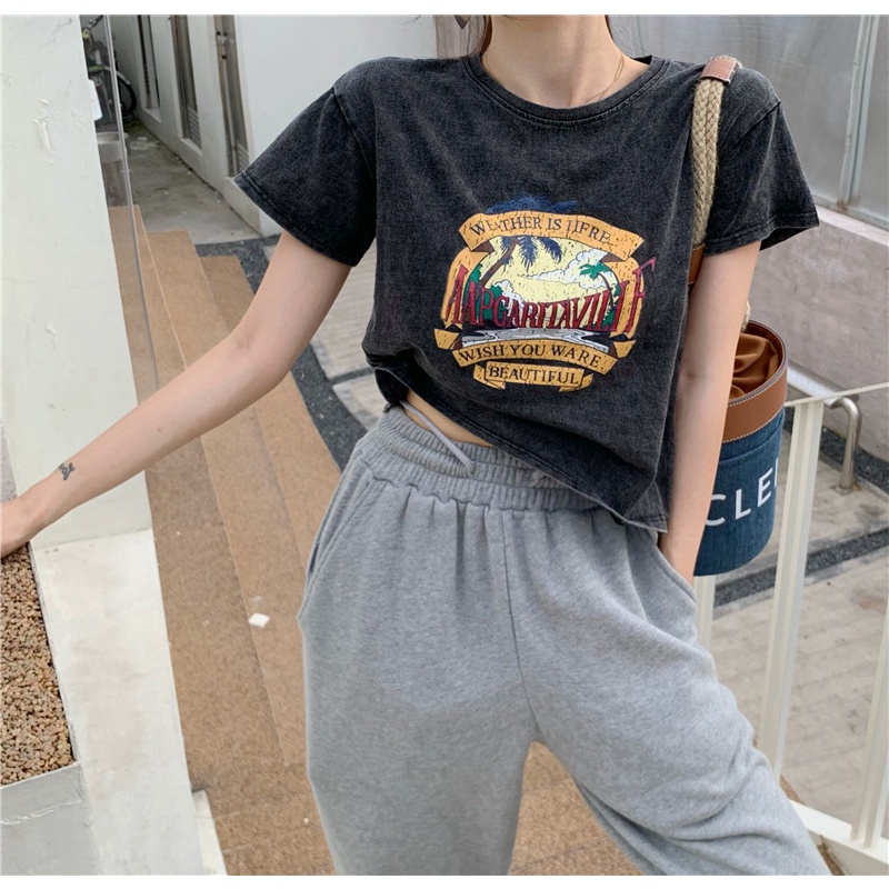 QKOOLE Áo thun nữ  ngắn tay cổ tròn thời trang Hàn Quốc