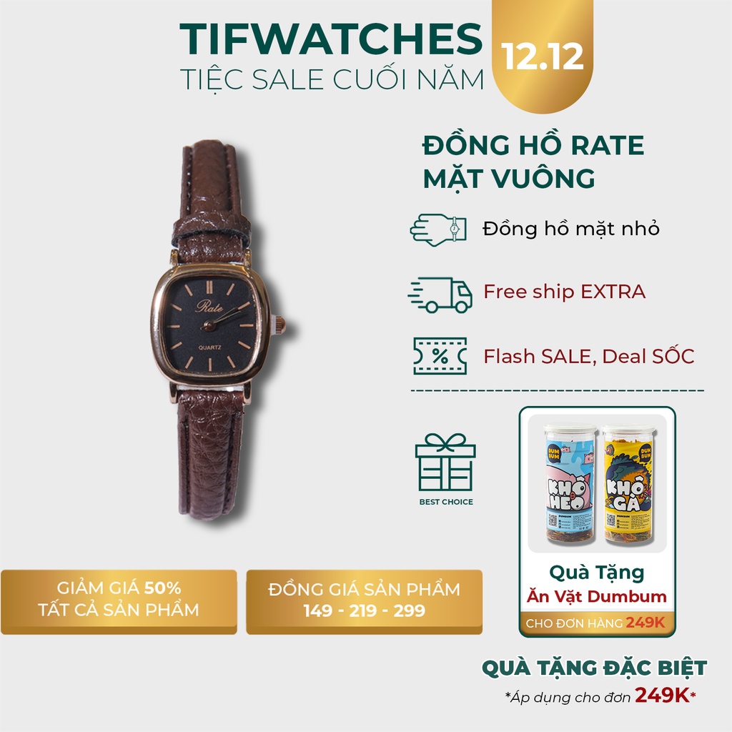 Đồng hồ nữ dây da mặt vuông RATE nâu mặt đen đồng hồ nữ mặt nhỏ đẹp giá rẻ Watchesbytif size 22mm gói quà miễn phí