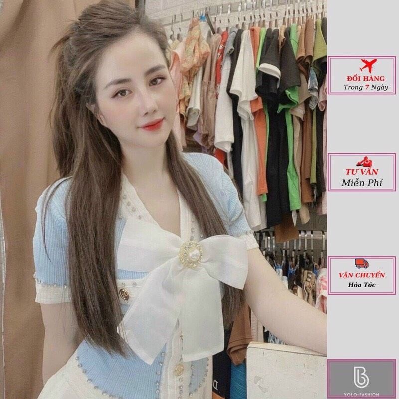 Áo Len nữ cộc tay viền đính đá kèm tag nơ hàng QC