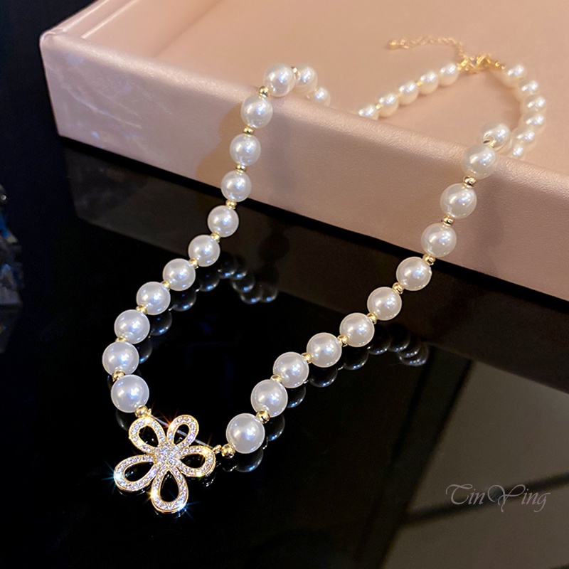 GETNOIVAS Vòng cổ Mặt Hình Bông Hoa Đính Đá Và Ngọc Trai Thời Trang Dành Cho Nữ