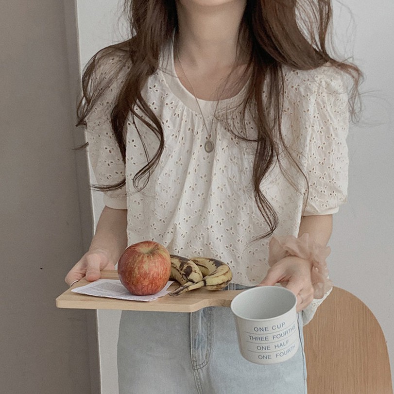 Áo Nữ Ngắn Tay Cổ Tròn Thêu Họa Tiết Phong Cách Hàn Quốc 43330