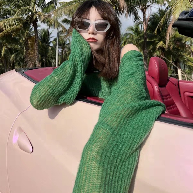 Áo sweater dệt kim tay dài len nữ trễ vai trong suốt 5 màu dễ thương dáng rộng phong cách Hàn Quốc M88 A2-19