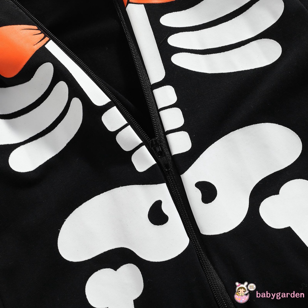Bộ Áo Liền Quần Tay Dài Có Nón In Hình Bộ Xương Halloween Cho Bé