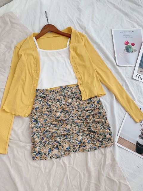 Set áo hoa 2 dây kèm áo khoác chân váy  caro xanh cực HOT ⚡CÓ CLIP HÌNH THẬT ⚡HÀNG SẴN	SACV827