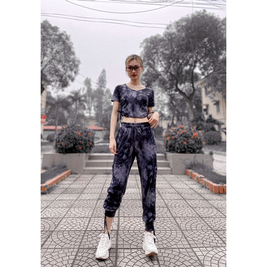 Đồ tập nhảy Zumba - Đồ tập Yoga - Set Loang dây rút áo Croptop quần Jogger