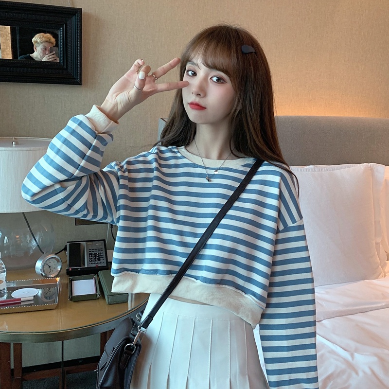 【ZHELIHANGFEI】Áo Sweater Tay Dài Kẻ Sọc Lưng Cao Thời Trang Cá Tính