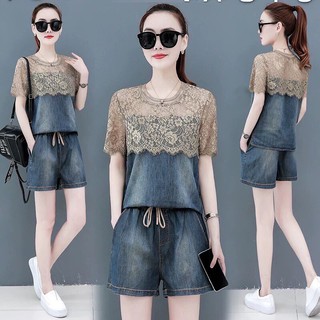 Set bô jean mềm phối ren lưng thun hàng nhập
