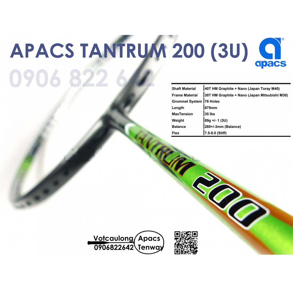 [Vợt cầu lông Apacs Tantrum 200 - 3U] Vợt huyền thoại Apacs, cân bằng công thủ, sức mạnh tuyệt vời