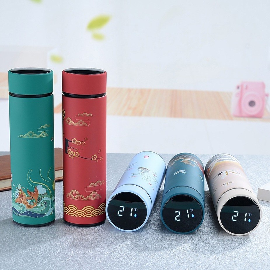 Bình giữ nhiệt thép không gỉ 304 phong cách cổ trang có nắp cảm ứng hiển thị nhiệt độ dung tích 500ml
