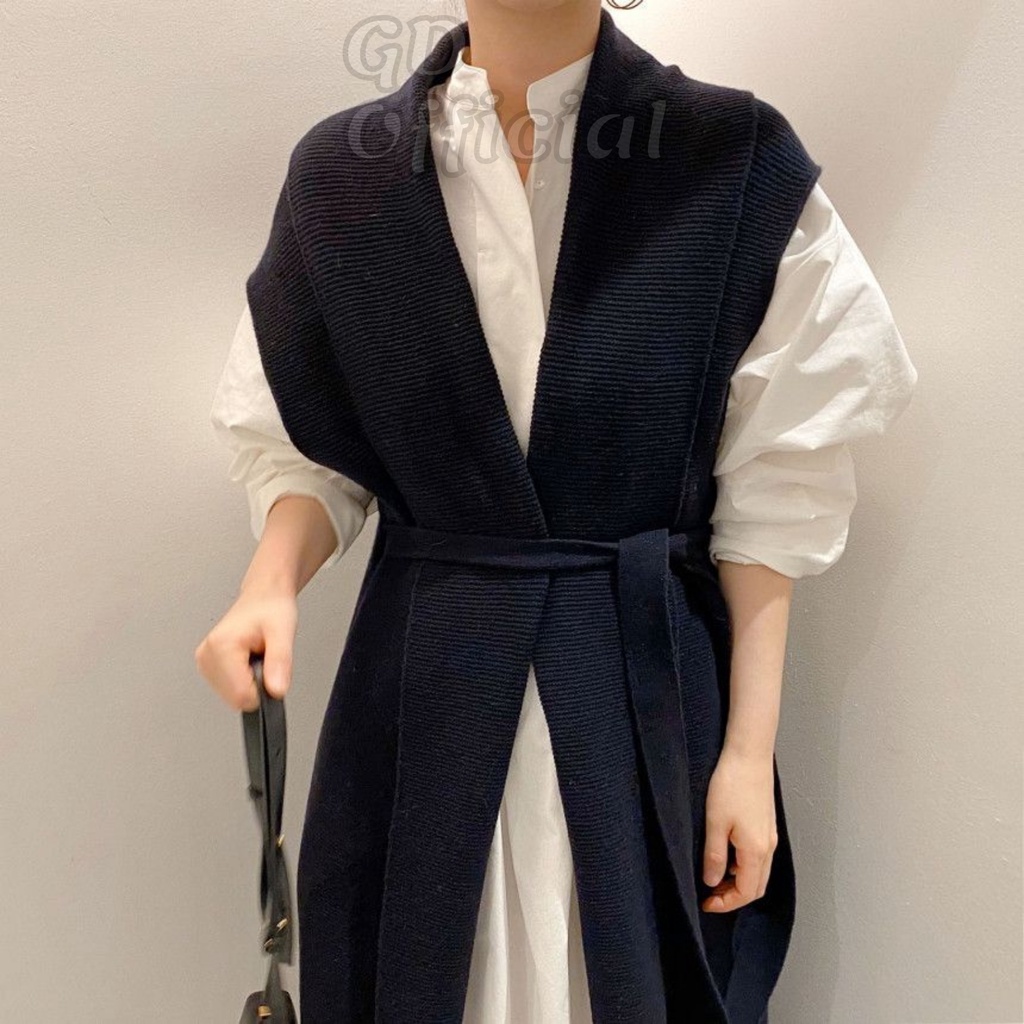 L2|Áo len dệt kim nữ dáng gile dài cổ vest cộc tay, đầm sơ mi polo phồng suông rộng cổ V thắt eo trắng,xanh GD Official