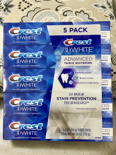 Set 5 cây Kem đánh răng CREST 3D White Advanced Triple Whitening 158g