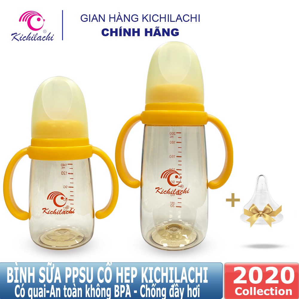 Bình Sữa Kichilachi Cổ Hẹp Quai Cầm  PPSU Núm Vú Silicone Siêu Mềm, Chống Sặc Và Chống Đầy Hơi Cho Bé 140ml/200ML