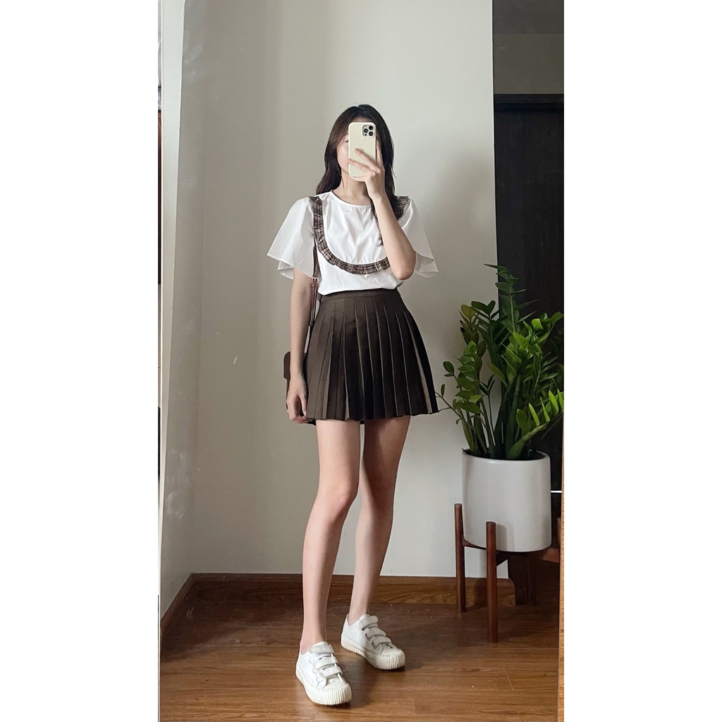 Áo sơ mi ngắn tay màu trắng, áo kiểu cộc tay cách điệu cổ viền nâu xinh xắn, tiểu thư MÃ OC06
