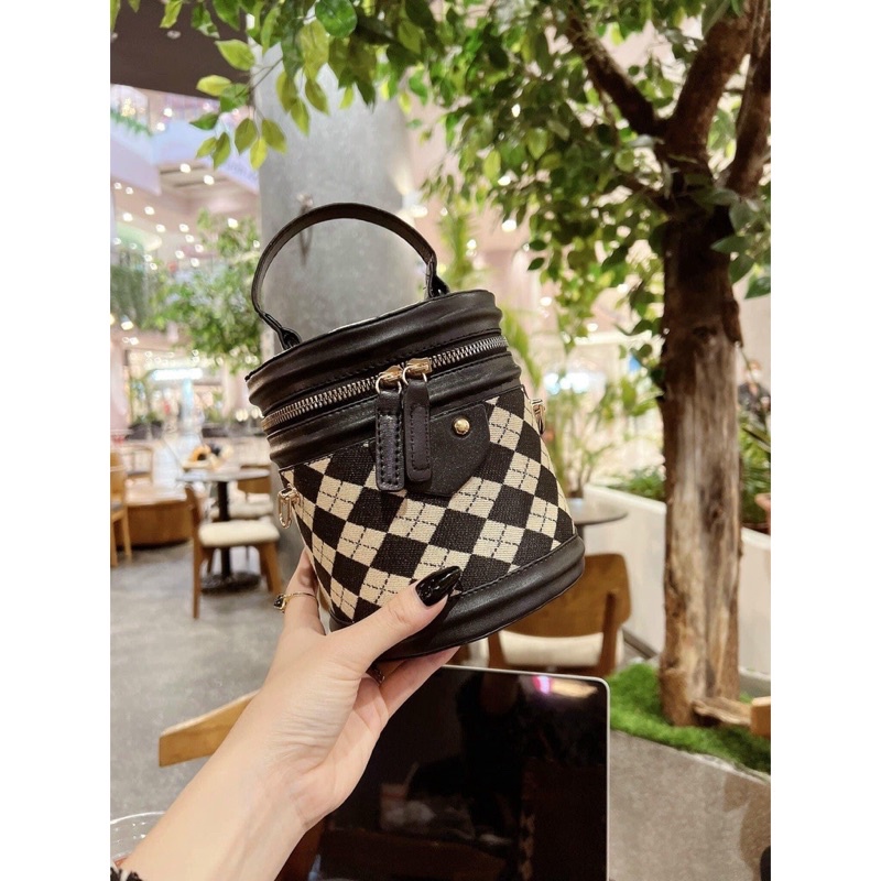 Túi Xách Nữ Dáng Cốp Tròn Ô Trám, Túi Đeo Chéo Nữ Kèm Khăn