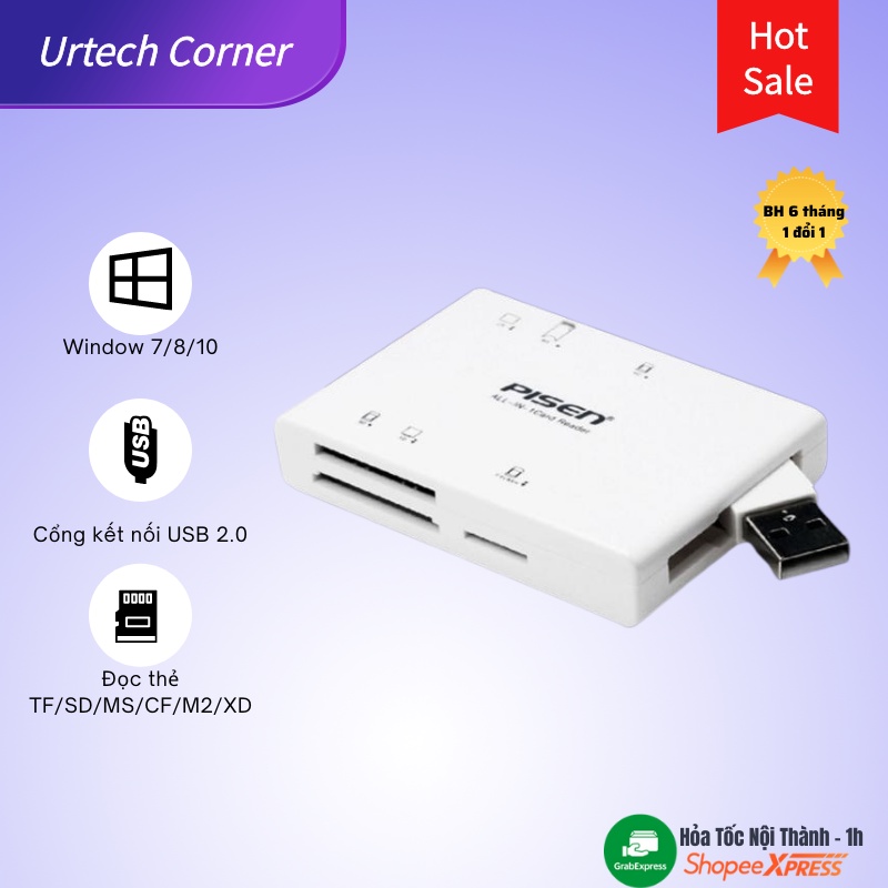 Đầu đọc thẻ nhớ Pisen Urtechconer sử dụng cho các loại thẻ TF/SD/MS/XD/M2 cổng cắm USB 2.0 kết nối dễ dàng với máy tính