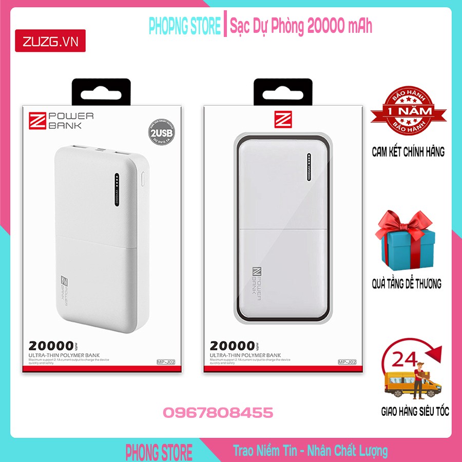 Pin sạc dự phòng 20000 Mah ZUZG MP J02, Cổng usb - type Micro, Công nghệ Quick-Charge