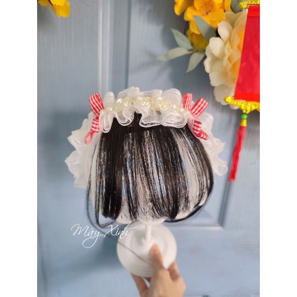 Băng đô ren tóc giả đính nơ caro đỏ xinh