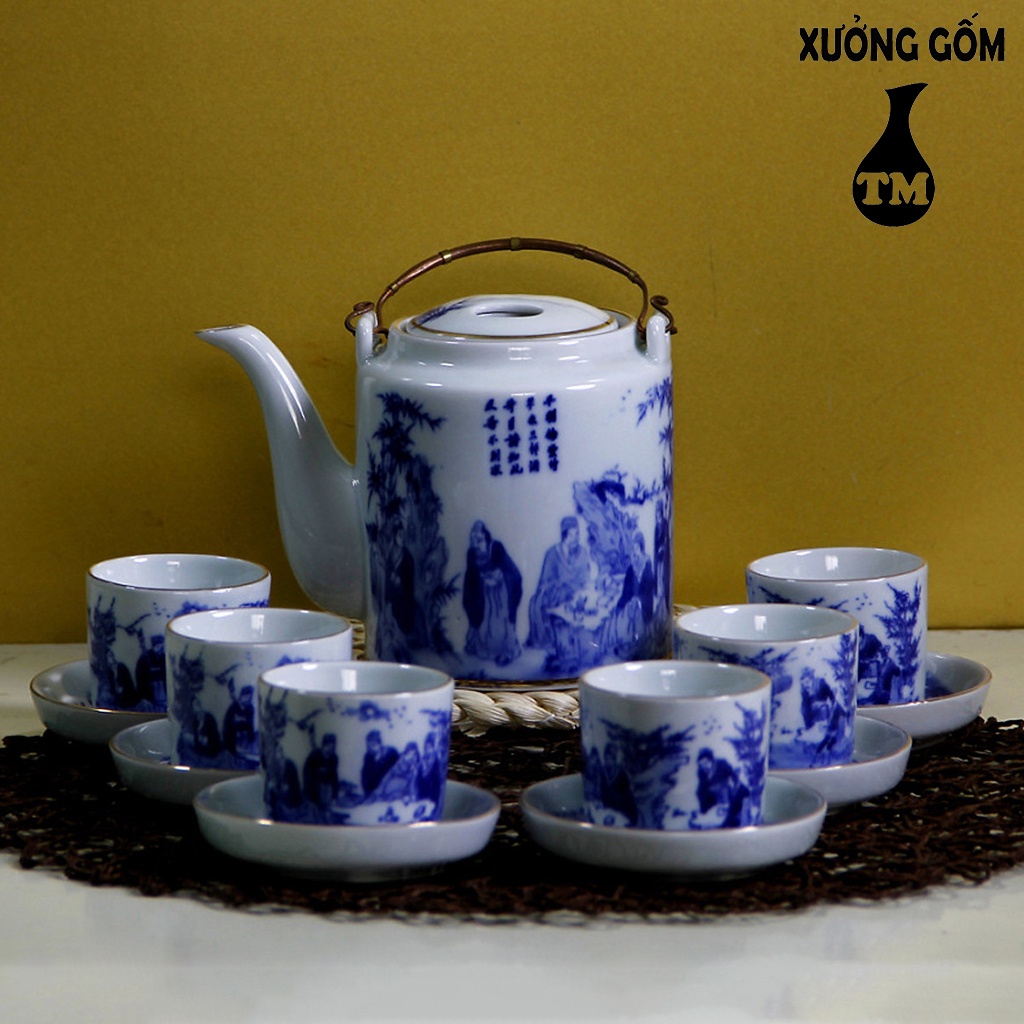 Bộ Ấm Tích Pha Trà Hãm Chè Xanh Gốm Sứ Bát Tràng Men Trắng Viền Vàng Kim Dáng Lục Giác Vẽ Bát Tiên