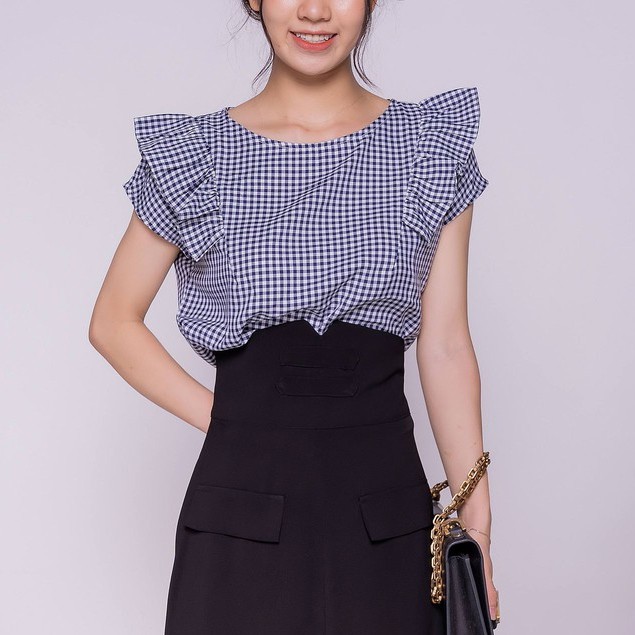 Áo sơ mi kiểu nữ bèo tay, họa tiết kẻ caro, tiểu thư, thiết kế cao cấp TKFASHION SMKA222