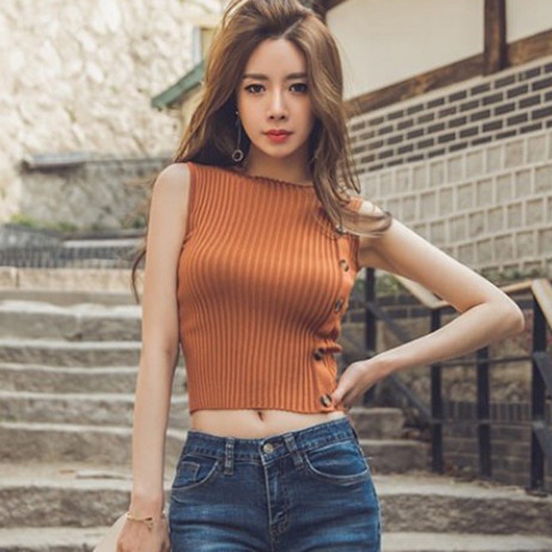 Áo croptop len cổ tròn không tay thời trang