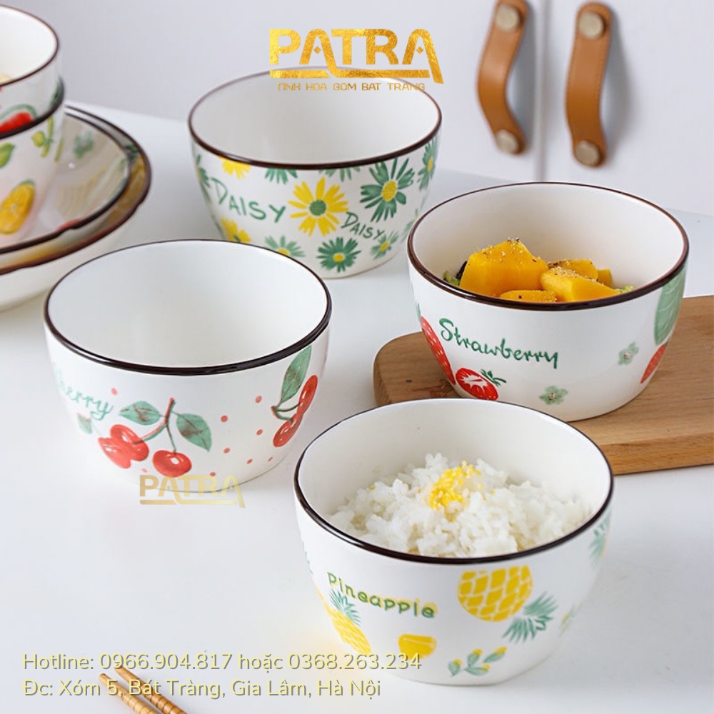 Bát ăn cơm, chén ăn cơm sứ hình trụ họa tiết hoa quả trái cây decor phong cách Hàn Quốc