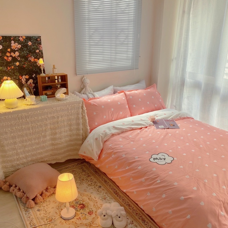 Bộ chăn ga gối Cotton Poly hoạ tiết tim phối màu xám vàng xanh hồng MÂY BEDDING đủ kích thước nệm | BigBuy360 - bigbuy360.vn