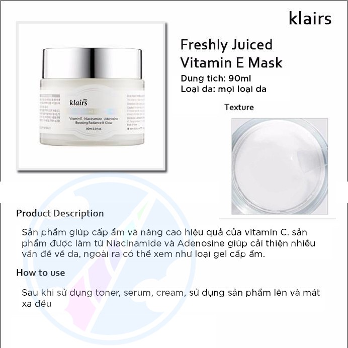 Mặt nạ ngủ &amp; kem dưỡng ẩm Klairs Fresh Juiced Vitamin E Mask 90g