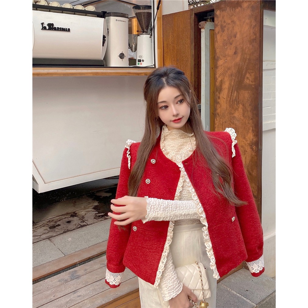 ] Áo dạ đỏ viền ren tay bồng giáng sinh tiểu thư sang chảnh Ulzzang A126