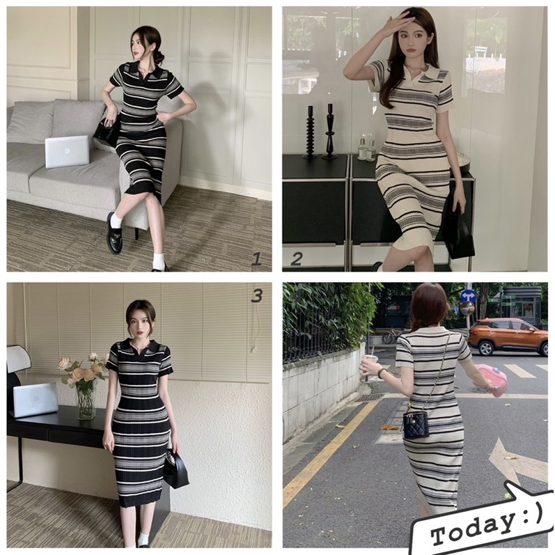Đầm len sọc body cổ bẻ dáng dài