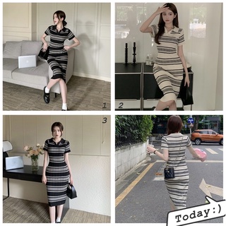Đầm len sọc body cổ bẻ dáng dài