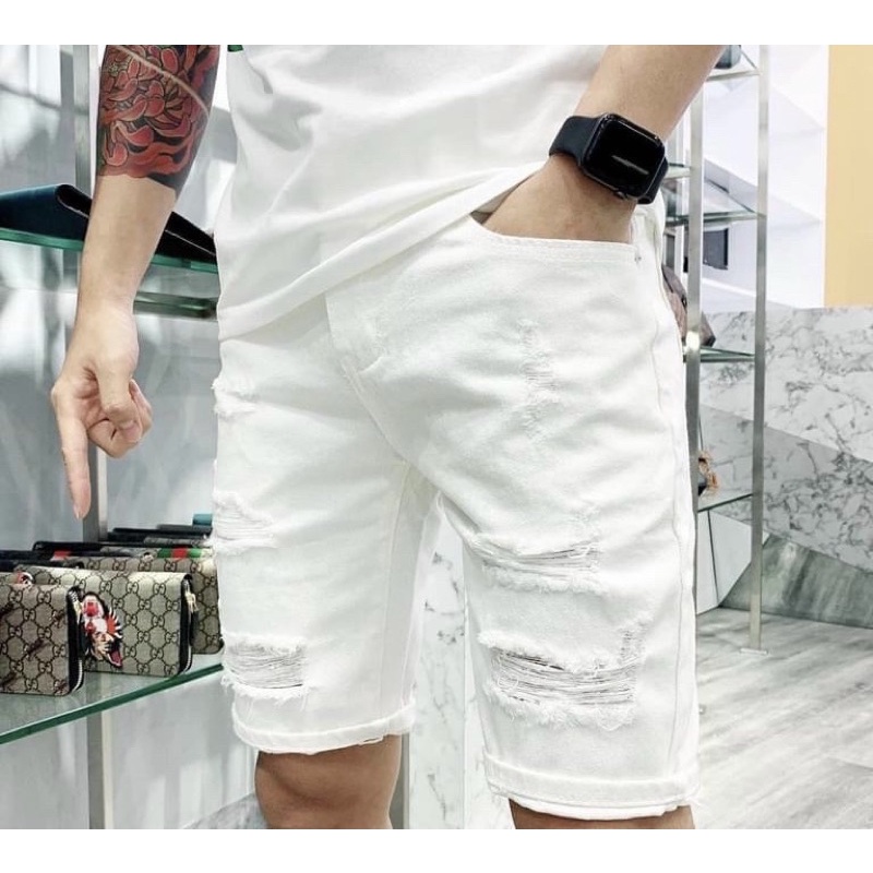 Quần short thời trang nam mùa hè, Quần bò lửng có hoạ tiết rách hai mầu trắng đen phong cách hàn quốc btshop từ 28-32