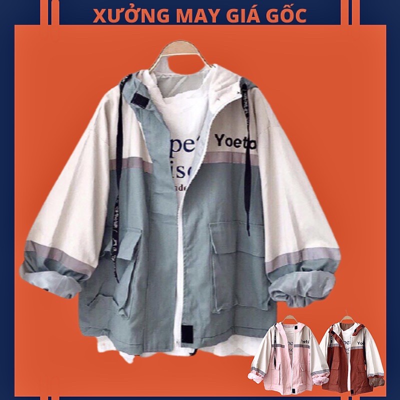 🎆𝐇𝐎𝐓𝐓𝐑𝐄𝐍𝐃🎆 042 Áo Khoác Kaki 2 Lớp Phối Màu Thêu Chữ (Kèm Video, Hình Chụp Thật)