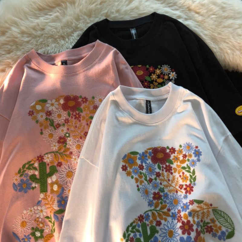 [Order] Áo phông nữ đẹp tay ngắn in hình floral bear xinh xắn 3 màu có size ( ảnh thật phía sau)