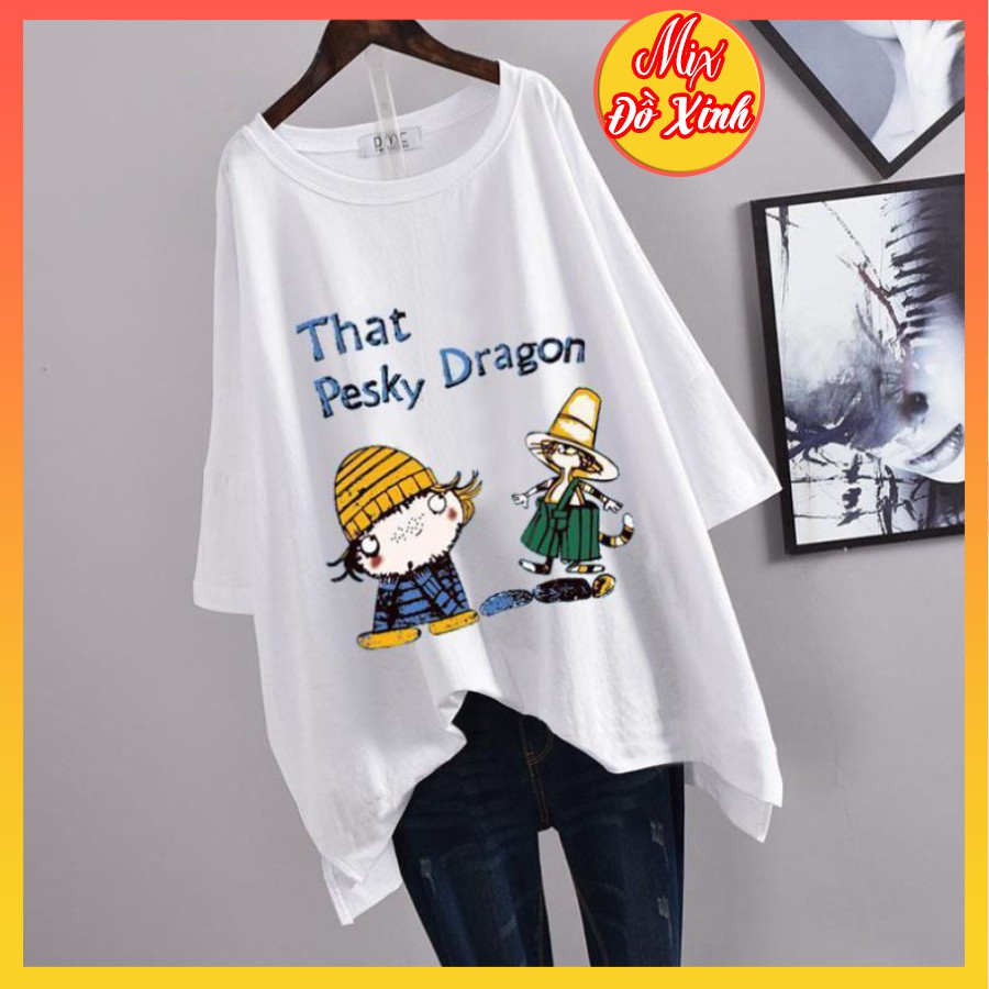 Áo thun form rộng, áo phông tay lỡ, chất liệu thoáng mát Mix. Đồ Xinh, in chữ That Pesky Dragon | BigBuy360 - bigbuy360.vn