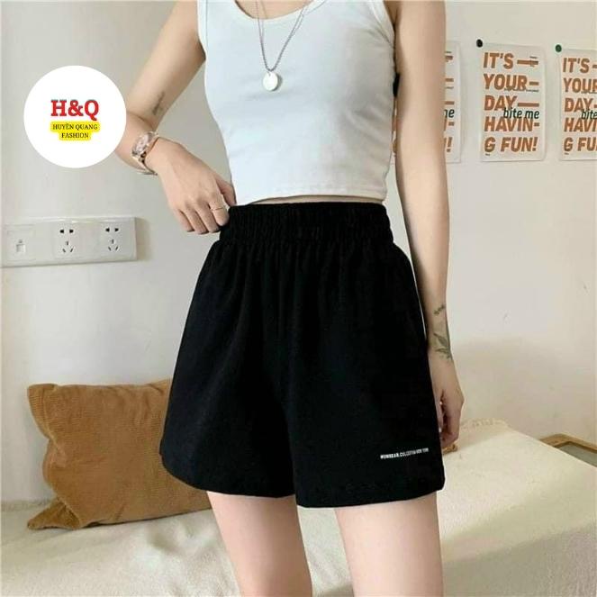 Quần short đùi nữ sporty thêu chữ, chất thể thao, 2 màu đen trắng form rộng hàng đẹp - Huyền Quang