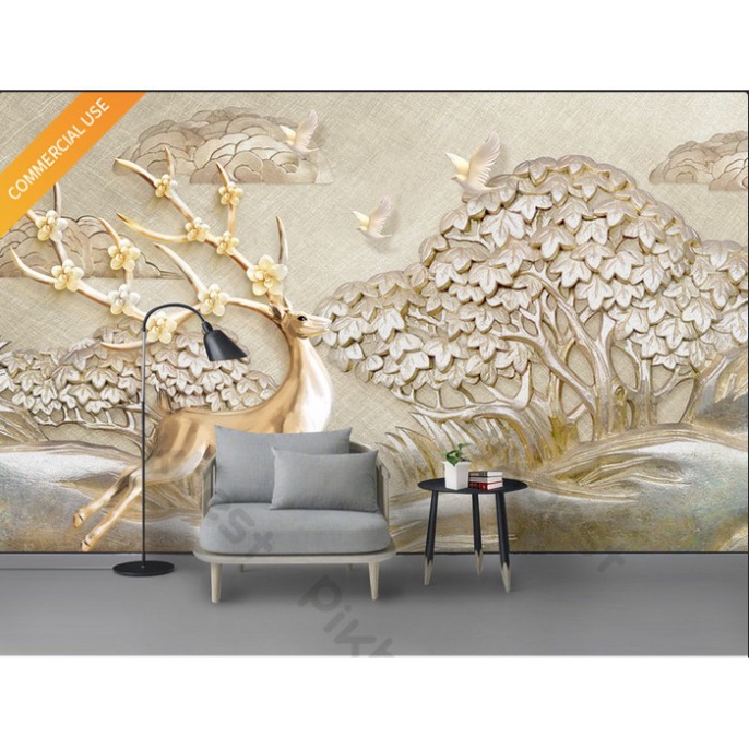 Phong cảnh nổi nai rừng, chim vàng và rừng cây,Tranh dán tường 3d trang trí phòng hiện đại (tích hợp