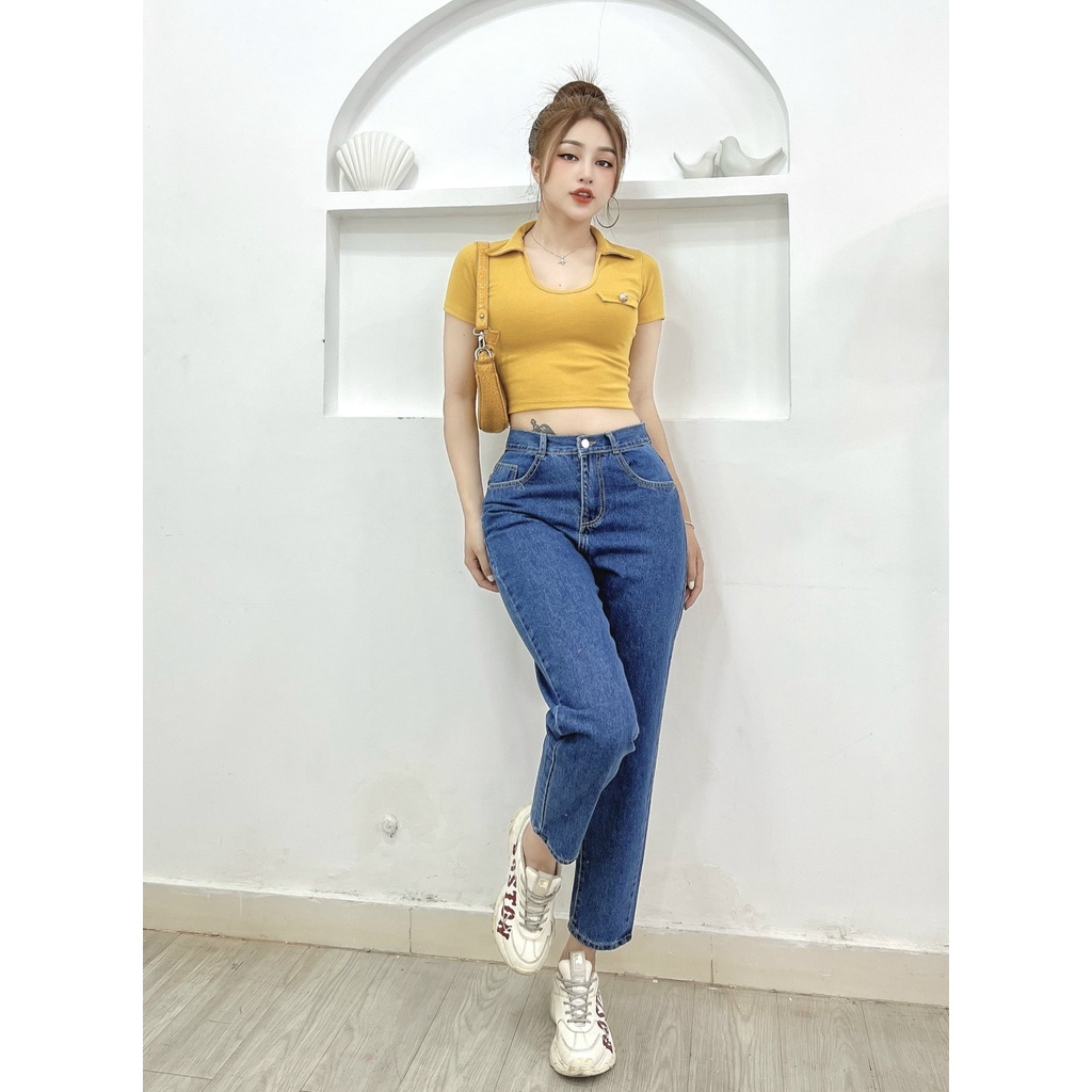 Quần jeans baggy ống suông nữ CRAZYTEEN lưng cao cá tính K0302