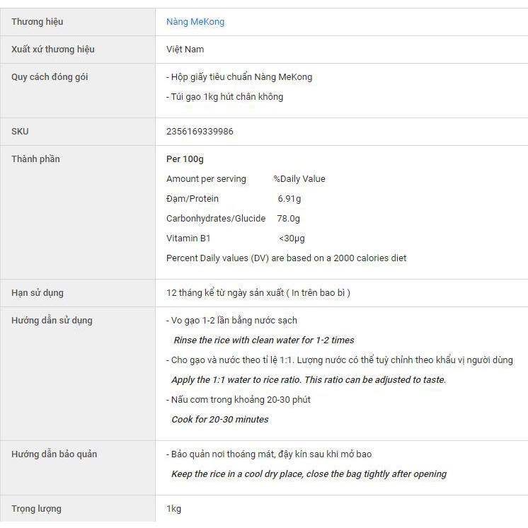 Gạo Hữu Cơ - TRẮNG Nàng Hương 1kg - Nàng MEKONG - 100% Organic - MEKONG HOME