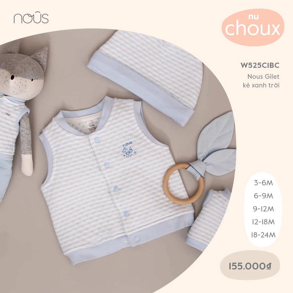 Áo Khoác Gilet Nous - Màu Kẻ Xanh Da Trời Chất Liệu Nu Choux Bé Trai Bé Gái từ 3-6 Tháng Đến 18-24 Tháng