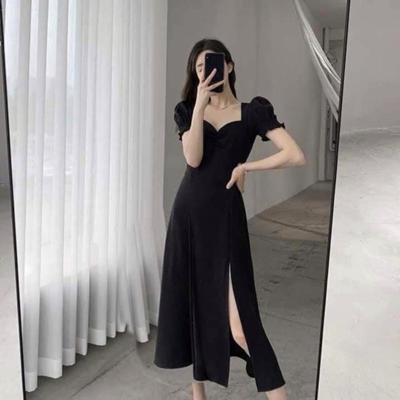 Đầm cổ vuông tay phồng nhíu ngực xẻ tà